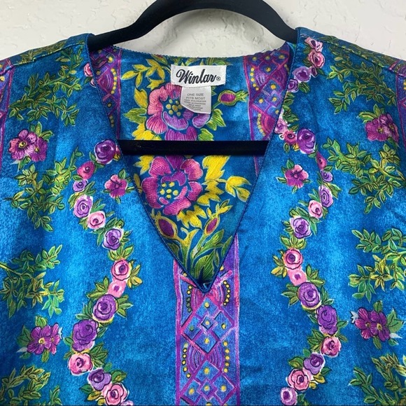 WINLAR Vintage Blue Laurel Roses Satin Long Caftan Lounge Dress - Picture 7 of 8